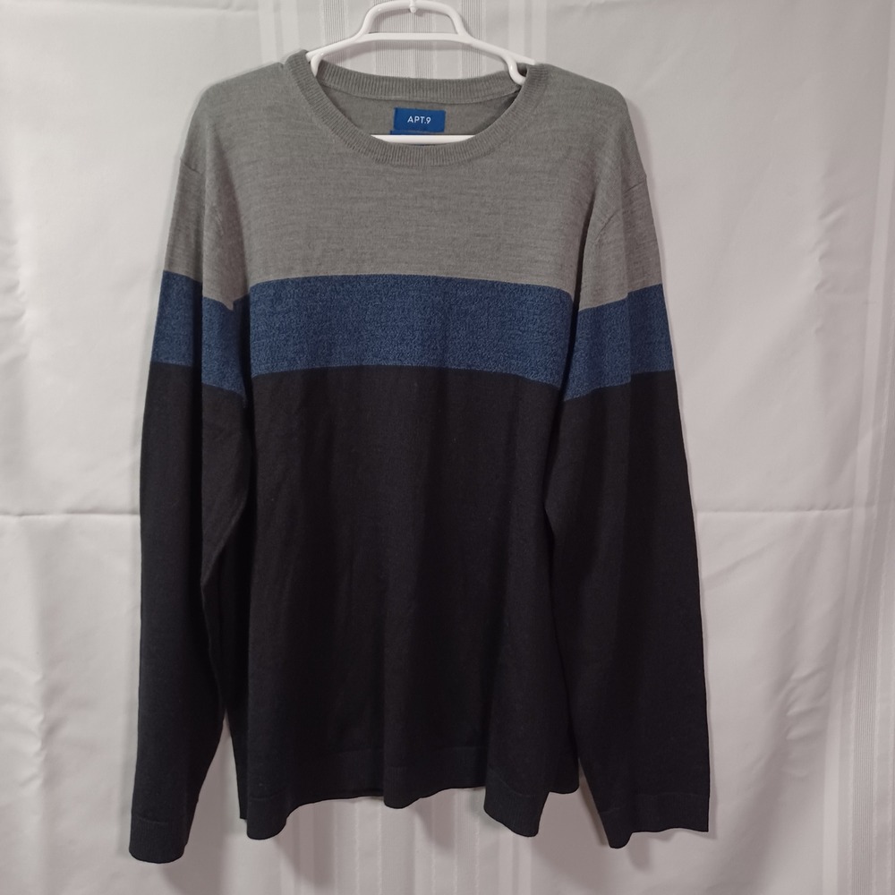 Apt. 9 Sweater Mens XXL Grey Blue Black Seriously Soft Colorblock Merino Blend